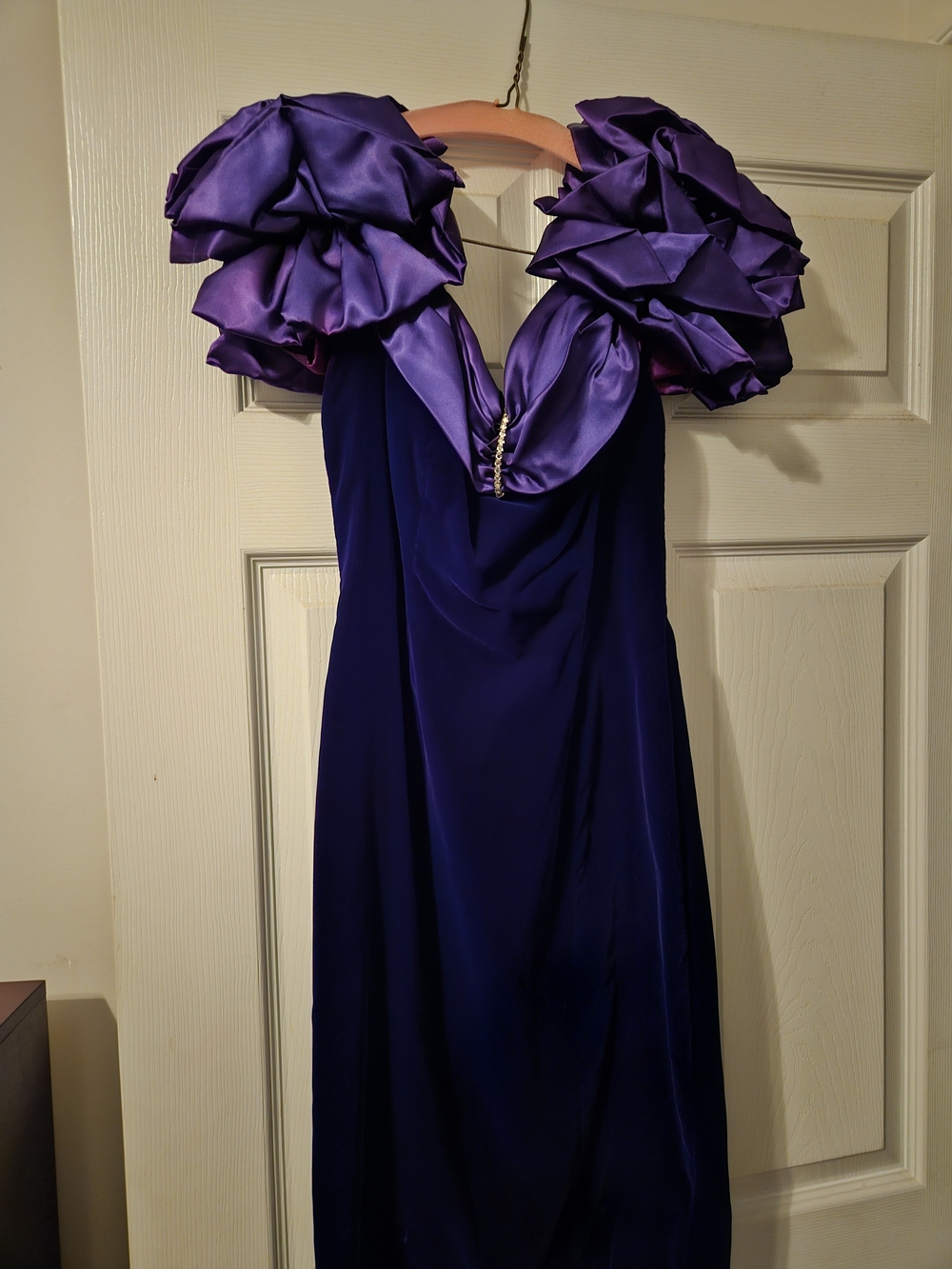 Zum Zum by Niki Livas Deep Purple Satin Gown with Sculpted Puff Shoulders
